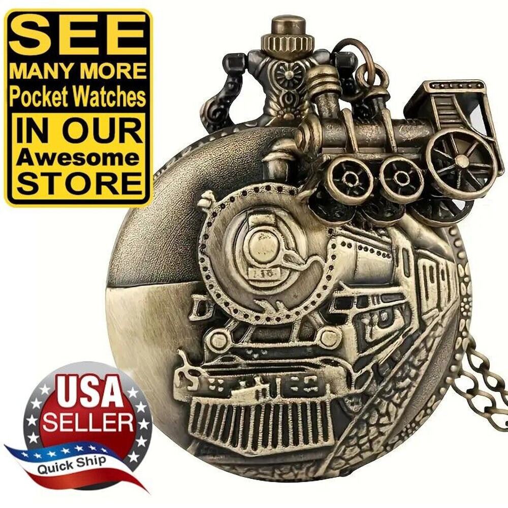 Locomotive Steam Train Classic Bronze Quartz Pocket Watch • With Mini Train Fob